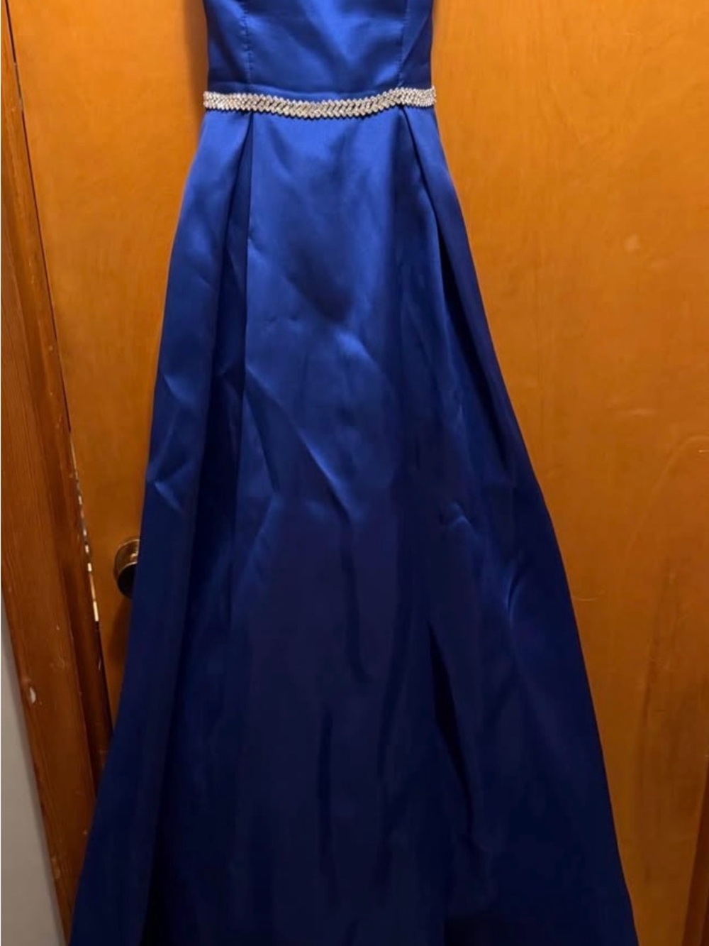 Elegant Royal Blue Satin A-Line Skirt with Beaded Waist & pockets